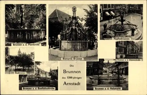 Ak Arnstadt in Thüringen, Bismarck-Brunnen, Brunnen am Holzmarkt, Hopfenbrunnen