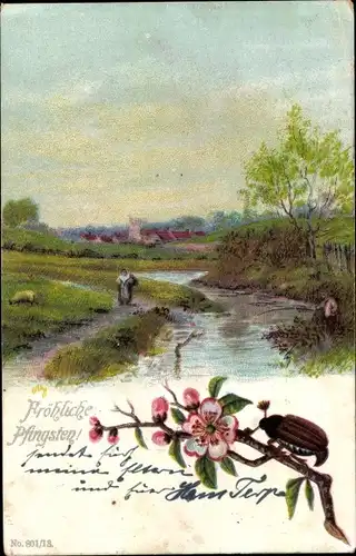 Ak Glückwunsch Pfingsten, Landschaft, Flusspartie, Maikäfer
