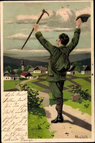 Künstler Litho Mailick, Wanderer, Blick zu einem Ort