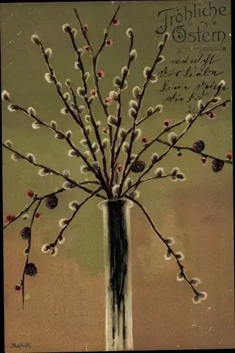 Präge Künstler Ak Mailick, Glückwunsch Ostern, Weidenkätzchen, Vase