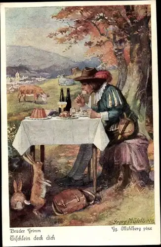 Künstler Ak Mühlberg, Georg, Märchen, Brüder Grimm, Tischlein deck dich, Hasen, Kuh