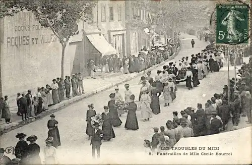 Ak Nîmes Gard, Les Troubles du Midi, Funérailles de Mlle Cécile Bourrel