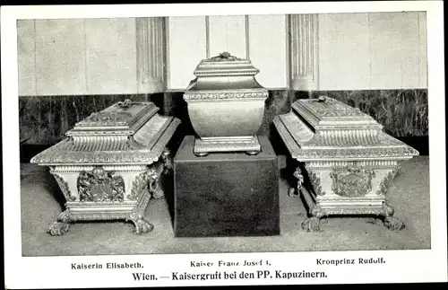 Ak Wien, Kaisergruft bei den PP Kapuzinern, Särge von Kaiserin Elisabeth, Franz Josef I, Kronprinz
