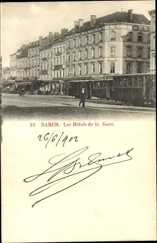 Ak Namur Wallonien, Les Hotels de la Gare, Straßenbahn