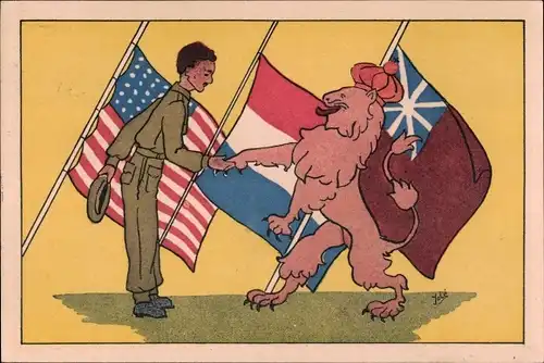 Ak Soldat reicht Löwe die Hand, Fahnen, USA, Niederlande, Australien