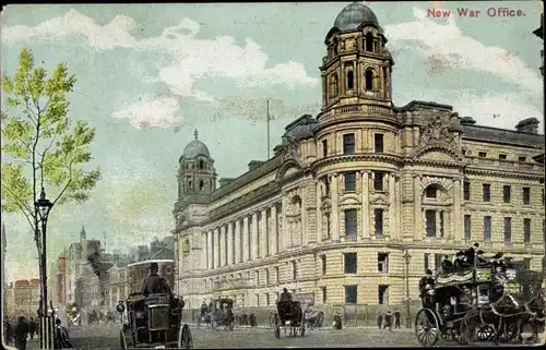 Ak London City, Whitehall, New War Office, Straßenansicht, Kutschen