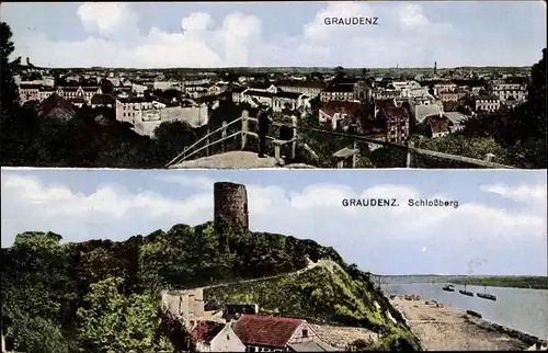 Ak Grudziądz Graudenz Westpreußen, Totalansicht der Ortschaft, Schlossberg mit Burgruine
