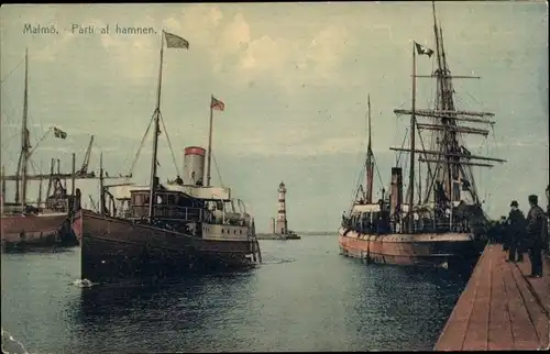 Ak Malmö Schweden, Partie af hamnen, Boote, Leuchtturm