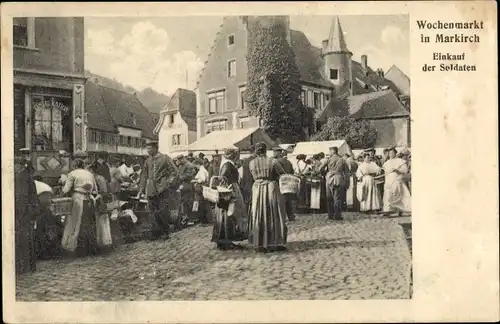 Ak Sainte Marie aux Mines Markirch Elsass Haut Rhin, Wochenmarkt, Einkauf der Soldaten