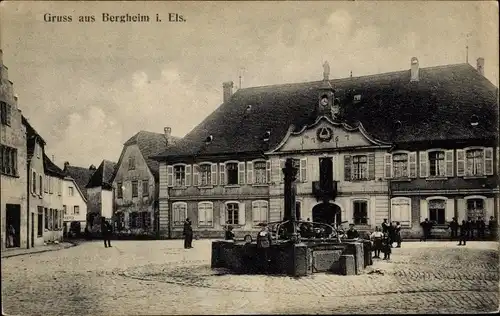 Ak Bergheim Elsass Haut Rhin, Stadtpartie, Brunnen, Amtsgebäude