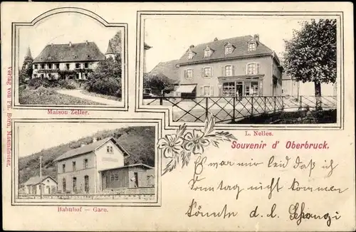Ak Oberbruck Elsass Haut Rhin, Maison Zeller, Bahnhof, Gastwirtschaft L. Nelles