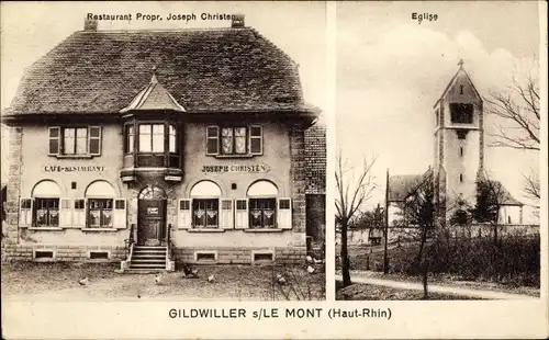 Ak Gildwiller Gildweiler Elsass Haut Rhin, Eglise, Restaurant
