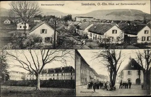 Ak Issenheim Isenheim Elsass Haut Rhin, Blick auf Hartmannsweilerkopf, Kloster, Hauptstraße