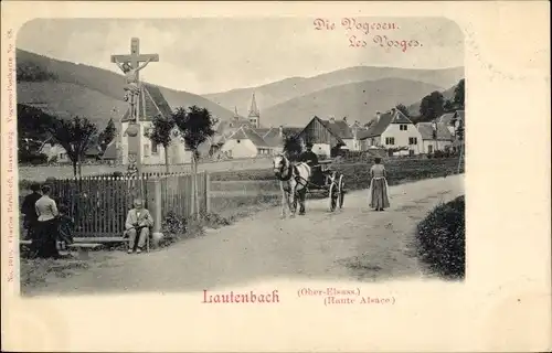 Ak Lautenbach Elsass Haut Rhin, Straßenpartie, Kapelle, Kreuz, Passanten