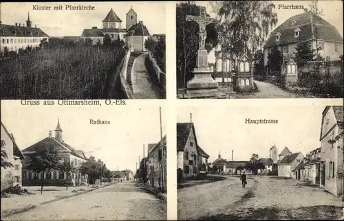 Ak Ottmarsheim Elsass Haut Rhin, Kloster, Pfarrkirche, Pfarrhaus, Rathaus, Hauptstraße