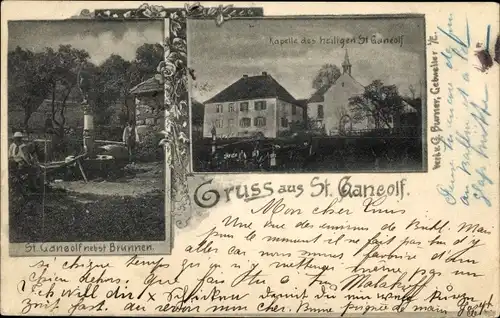 Ak Guebwiller Gebweiler Elsass Haut Rhin, St. Ganeolf, Brunnen, Kapelle