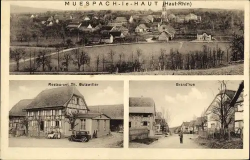 Ak Muespach le Haut Elsass Haut Rhin, Totalansicht, Grande Rue, Restaurant Th. Gutzwiller