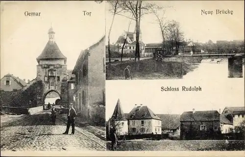 Ak Guémar Elsass Haut Rhin, Tor, Neue Brücke, Schloss Rudolph