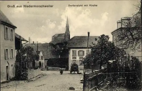 Ak Morschwiller le Bas Niedermorschweiler Elsass Haut Rhin, Dorfansicht, Kirche