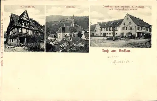 Ak Andlau Elsass Bas Rhin, Altes Haus, Kirche, Gasthaus zum Ochsen, Richard Brunnen