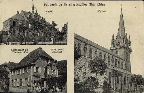 Ak Bernardswiller Elsass Bas Rhin, Ecole, Eglise, Restaurant au Tonneau d'or