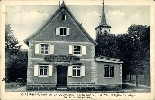 Ak Dalhunden Elsass Bas Rhin, Cafe-Restaurant de la Couronne, Eglise Catholique