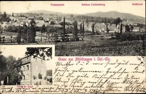 Ak Mulhausen Mühlhausen Elsass Bas Rhin, Totalansicht, Villa de Gayl, Rothbach, Schloss Lichtenberg