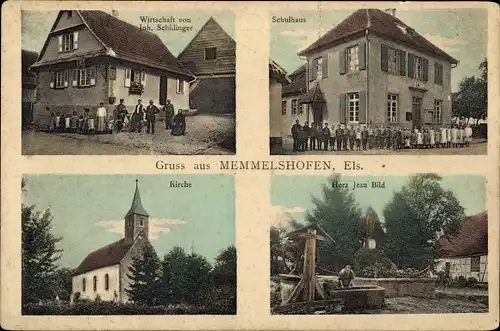 Ak Memmelshoffen Elsass Bas Rhin, Kirche, Schulhaus, Wirtschaft von Joh. Schilinger