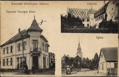 Ak Osthouse Elsass Bas Rhin, Eglise, Chateau, Epicerie Georges Klein