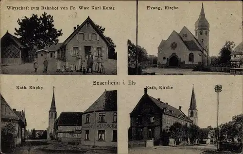 Ak Sessenheim Sesenheim Elsass Bas Rhin, Katholische Kirche, Evangelische Kirche, Wirtschaft