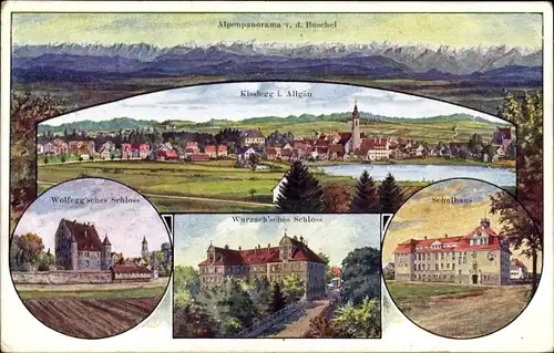 Ak Kißlegg im Allgäu, Wolfegg'sches Schloß, Schulhaus, Wurzach'sches Schloss, Alpenpanorama