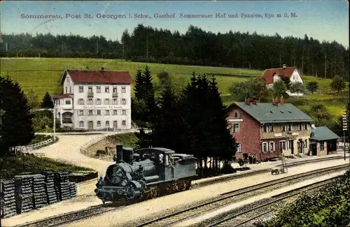 Ak Sommerau Sankt Georgen im Schwarzwald, Gasthof Sommerauer Hof und Pension, Eisenbahn