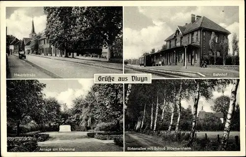 Ak Neukirchen Vluyn am Niederrhein, Schloss Bloemersheim, Bahnhof, Hauptstraße, Ehrenmal