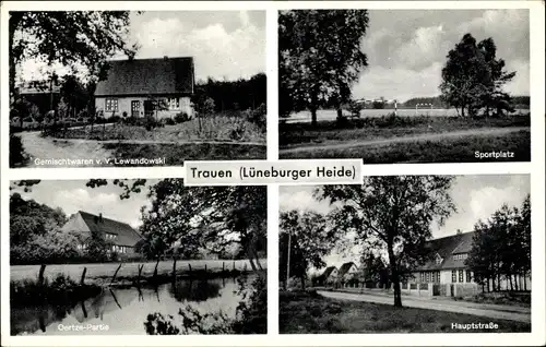 Ak Trauen Munster im Heidekreis, Sportplatz, Hauptstraße, Gemischtwaren, Oertze Partie