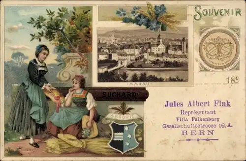 Wappen Litho Aarau Kanton Aargau, Reklame, Chocolat Suchard, Frauen in Trachten, Stadtansicht