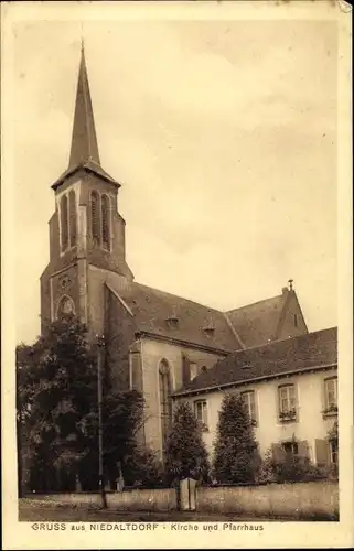 Ak Niedaltdorf Rehlingen Siersburg im Saarland, Kirche und Pfarrhaus