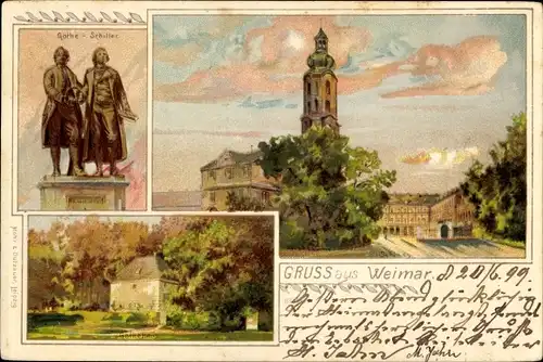 Litho Weimar in Thüringen, Schloss, Goethehaus, Denkmal Goethe Schiller