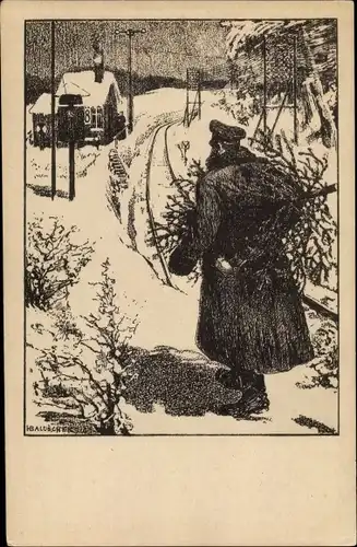 Künstler Ak Baluschek, Hans, Glückwunsch Weihnachten, Soldat mit Tannenbaum, Winterlandschaft