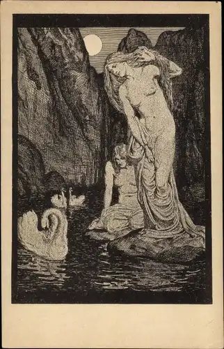 Mondschein Künstler Ak Stassen, F., Schwanenjungfrauen