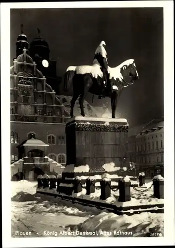 Ak Plauen im Vogtland, König Albert Reiterdenkmal, Altes Rathaus, Winter, Nacht