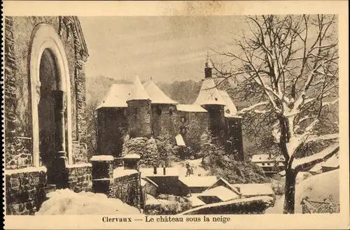 Ak Clervaux Clerf Luxembourg, Le chateau sous la neige