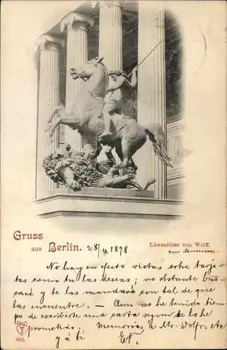 Ak Berlin Mitte, Altes Museum, Statue, Löwentöter von Wolff
