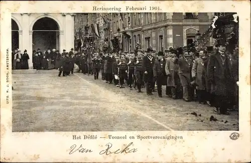 Ak Amsterdam Nordholland Niederlande, Het Defile Tooneel en Sportvereenigingen 1901