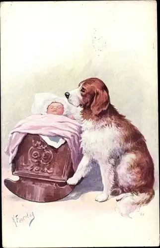 Künstler Ak Feiertag, Karl, Hund bewacht Kinderbett