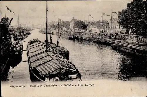 Ak Magdeburg an der Elbe, Blick von der Zollbrücke auf Zollelbe mit gr. Werder, Lastkähne