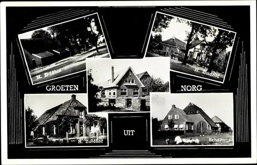 Ak Norg Drenthe, Kampeerboerderijen, H. Zuidhof, Scholtens, R. Zuidhof, v. d. Velde