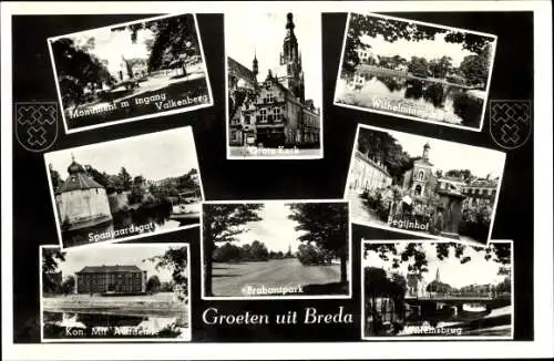 Ak Breda Nordbrabant Niederlande, Monument m. Ingang Valkenberg, Grote Kerk, Wilhelminapark