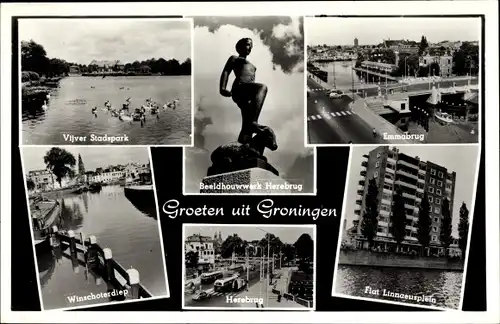 Ak Groningen Niederlande, Vijver Stadspark, Emmabrug, Herebrug, Flat Linnaeusplein, Winschoterdiep