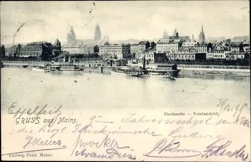 Ak Mainz am Rhein, Rheinseite, Totalansicht, Kirche, Schiff
