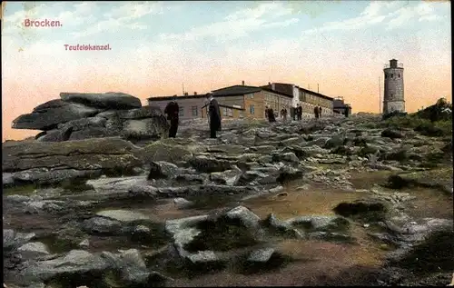 Ak Brocken Nationalpark Harz, Brockenhotel, Teufelskanzel